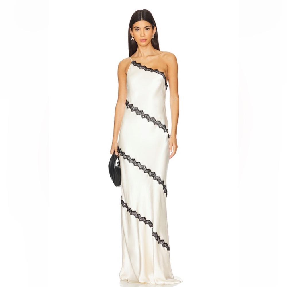 Shona Joy Camille Lace Asymmetrical Maxi Dress in Cream/Black